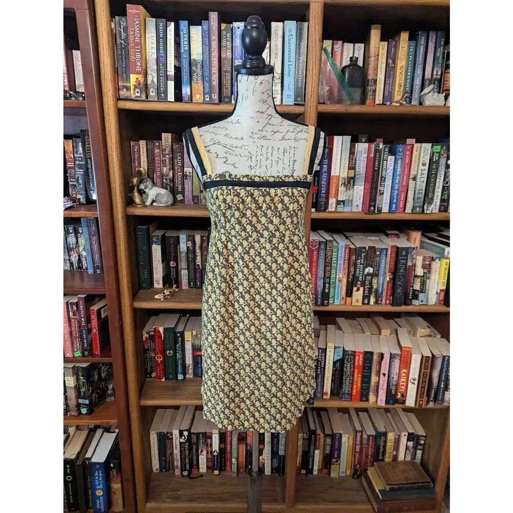 Maje Women’s Size 2 Paris Print 100% Silk Square Neck Mini Dress Yellow Black